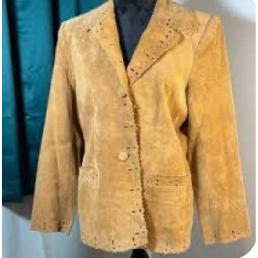 Newport News VTG Tan Suede Leather Scalloped Eyelet Blazer Jacket 8 Western Boho